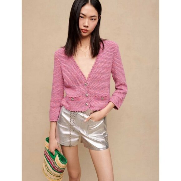 💕MAJE💕 Tweed Effect Knit Cardigan ~ Pink Size FR 1 = US Small NWOT - Picture 2 of 16